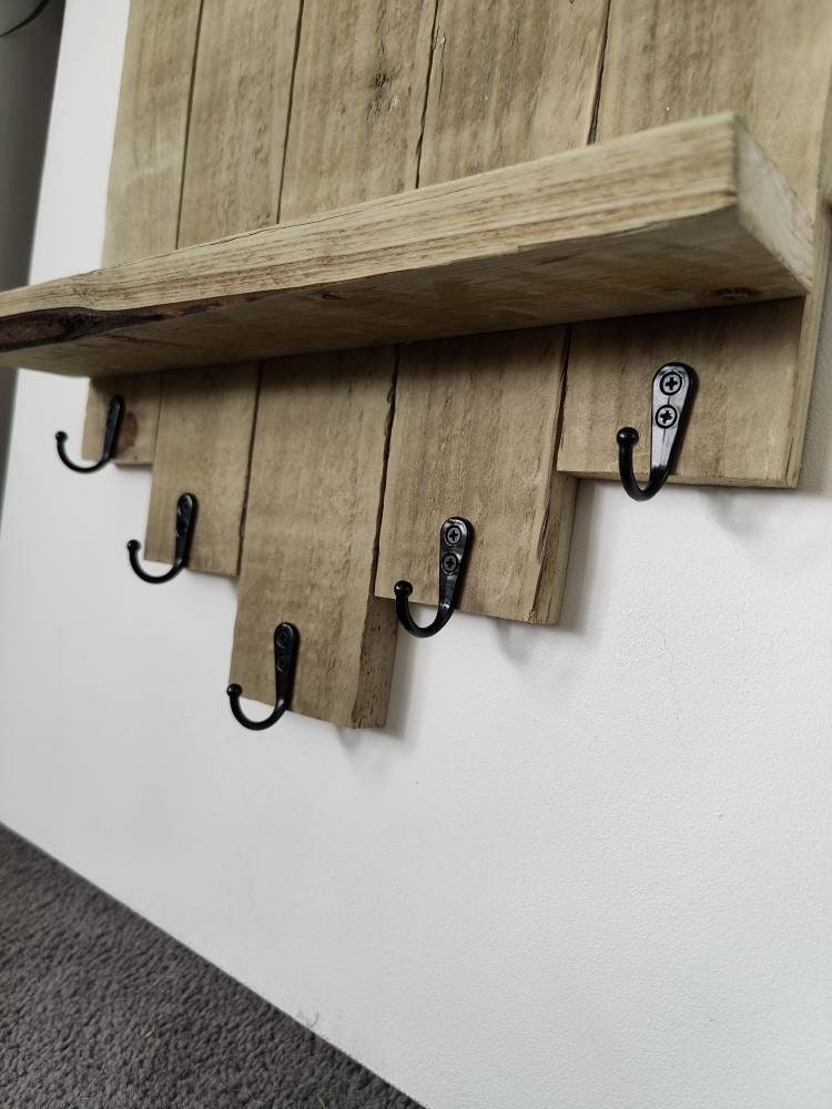 Rustic Wooden Entryway Shelf with 5 Hooks, Key and Coat Holder