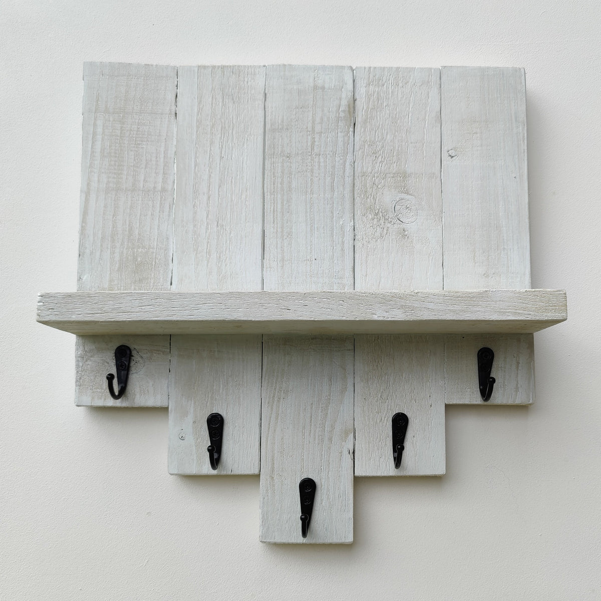 Rustic Wooden Entryway Shelf with 5 Hooks, Key and Coat Holder