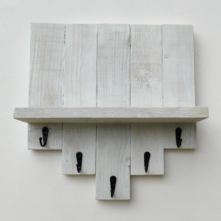 Rustic Wooden Entryway Shelf with 5 Hooks, Key and Coat Holder