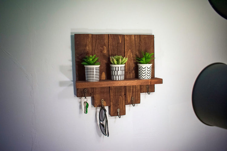 Rustic Wooden Entryway Shelf with 5 Hooks, Key and Coat Holder