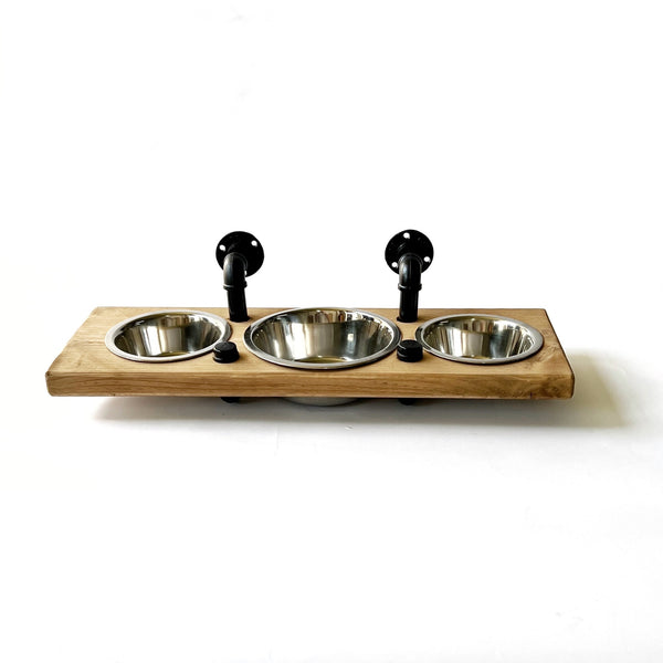 Wall Mounted Dog Feeder | Triple Elevated Dog Bowl Stand | Floating Pet Feeding Station | Raised Dog Bowls | Industrial Wood Pet Feeder