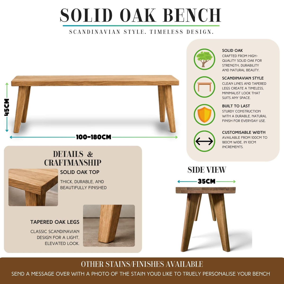 Solid Oak Scandinavian Bench | Handmade Minimalist Dining Bench
