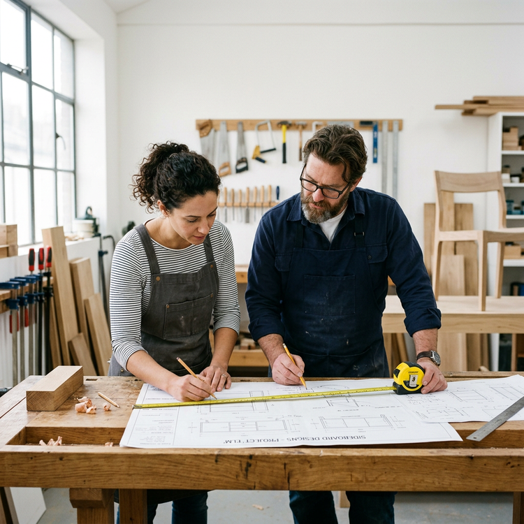 Two furniture makers planning a piece over blueprints at an oak workbench
