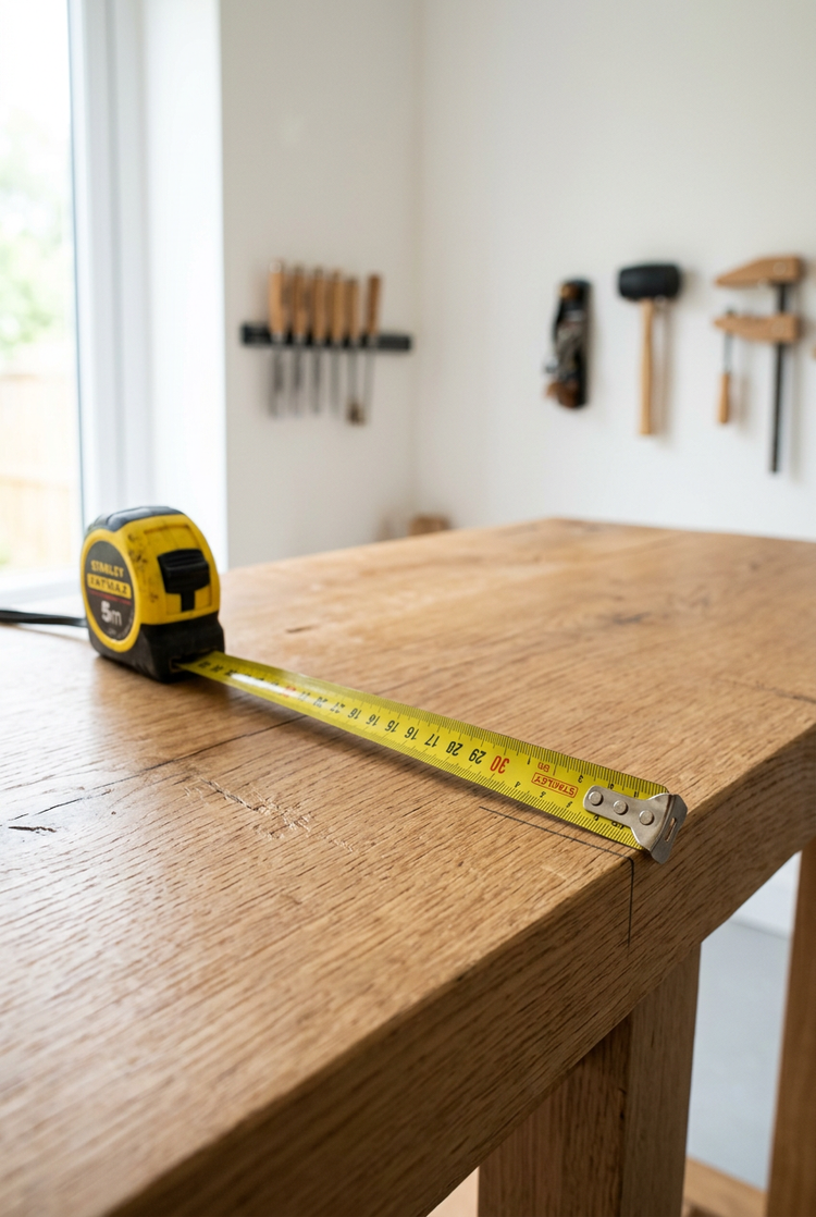 Tape measure laid across a solid oak tabletop in the workshop